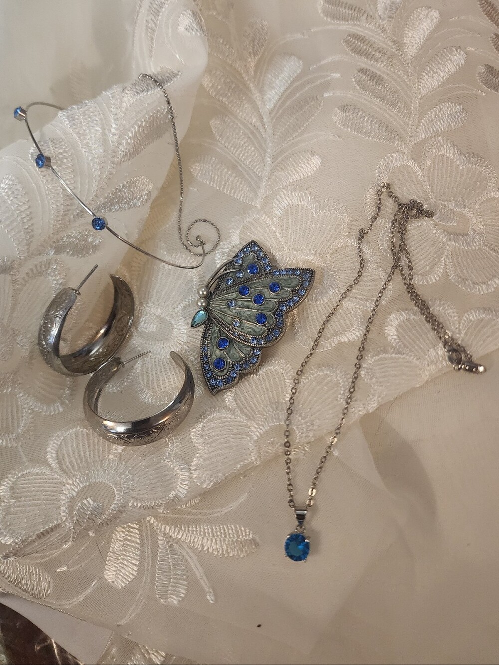 Jewelry Set: Vintage Austrian Crystal Butterfly Brooch, Sterling 925 Necklace ++